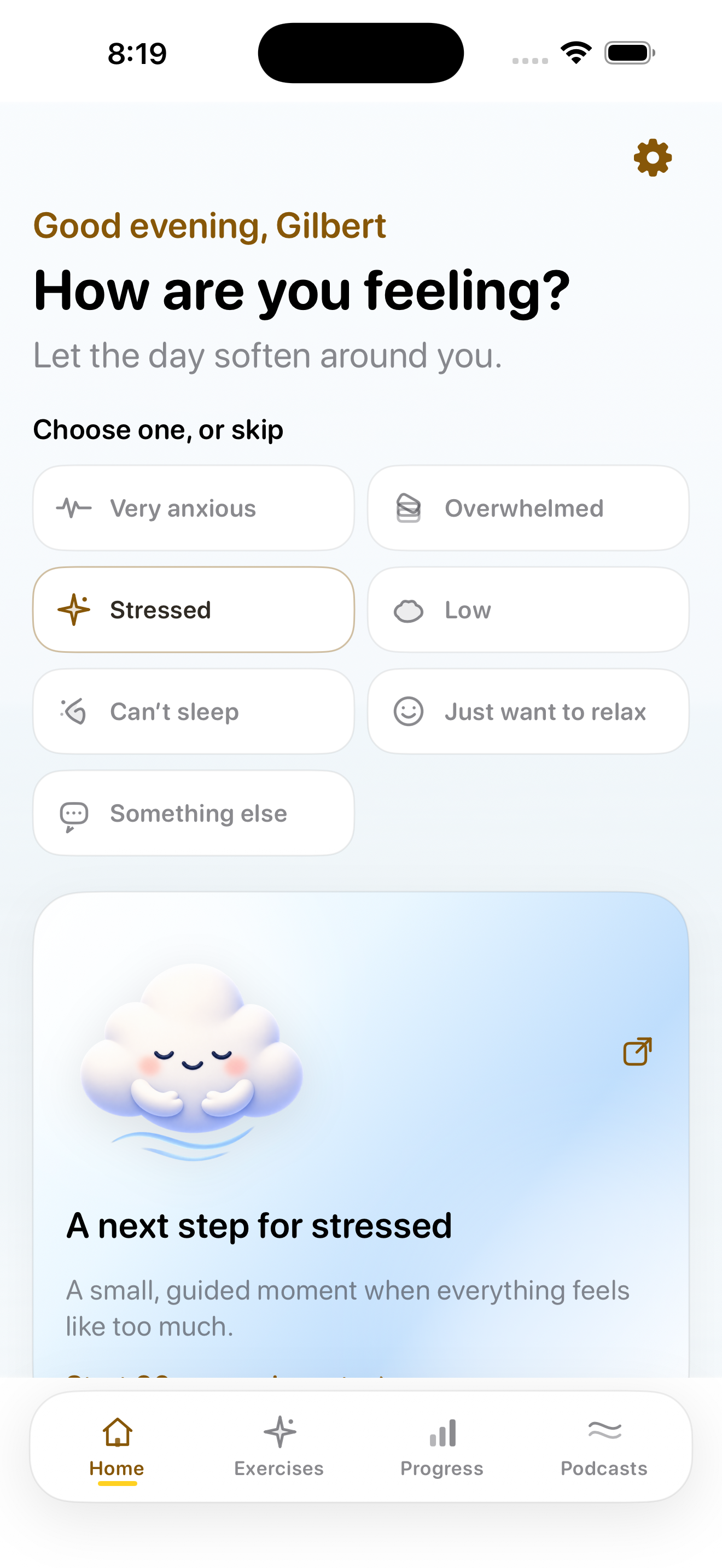 Bree Home screen with stressed selected